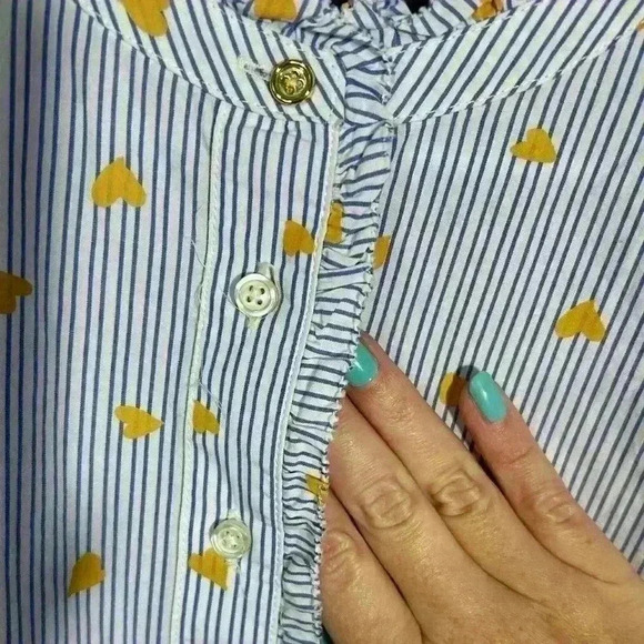 Talbots Button Up, Ruffle detail, Blue/White Stripe with Gold Hearts. Size Large - Picture 5 of 13